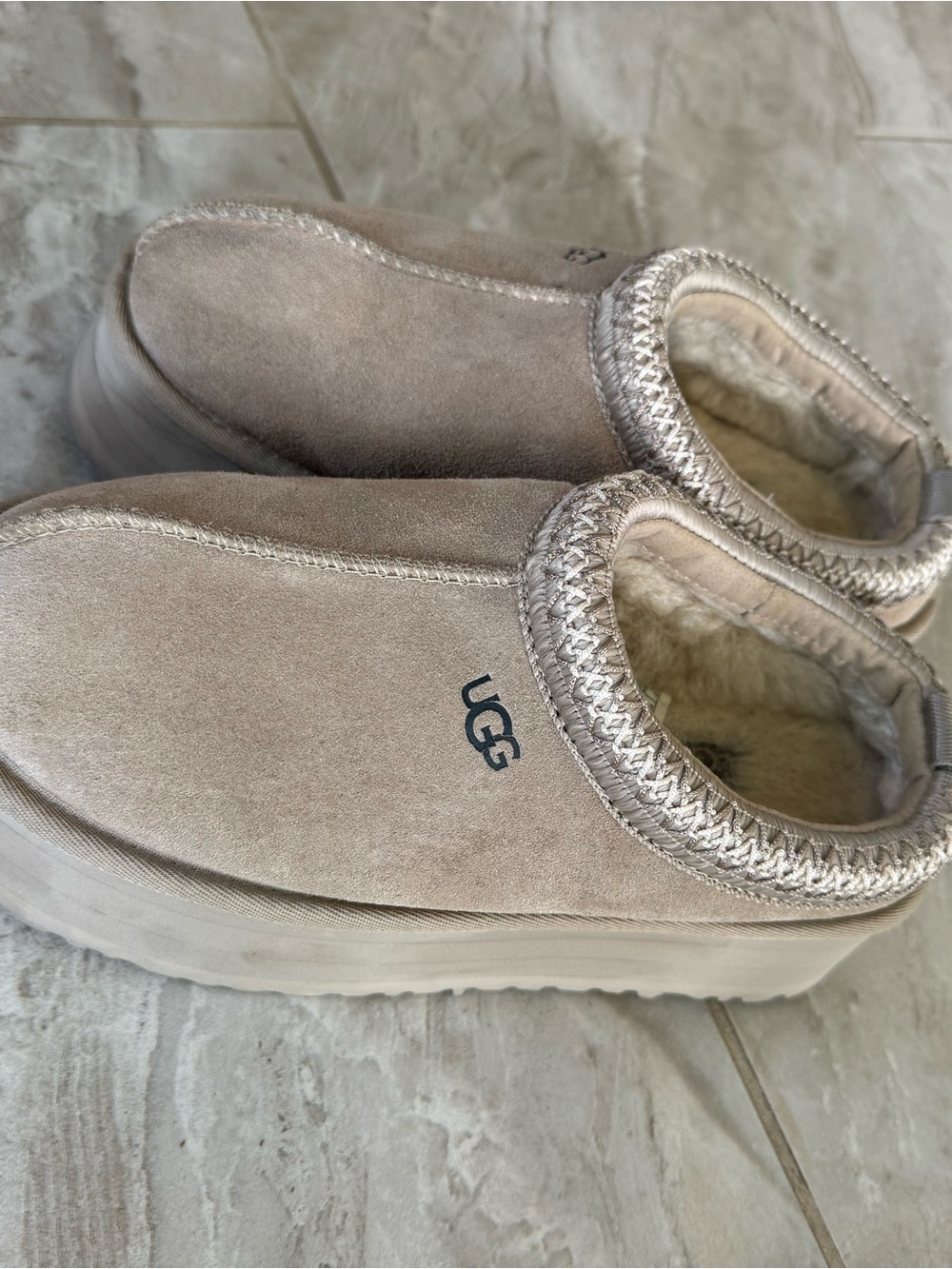 UGG Women's Taupe Suede Slip-On Clog with Shearling Trim